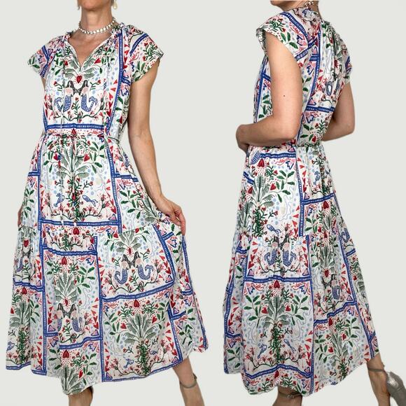 LOFT mermaid print dress seashell heart palm tree cotton midi maxi‎ tie waist XS - Picture 3 of 16